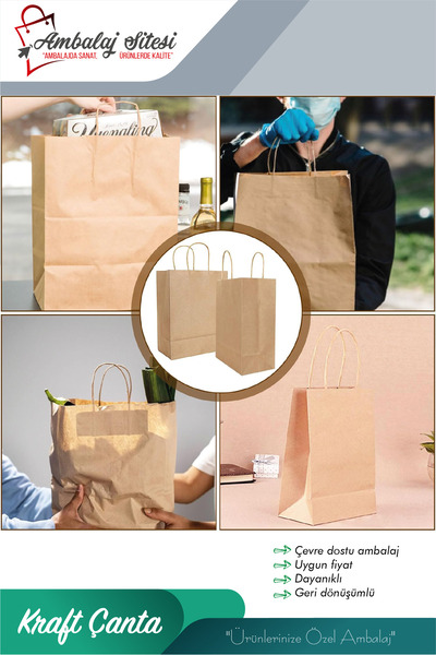 ecenplast Kraft Burgu Saplı Kağıt Çanta 10 Adet 25x31x12 cm