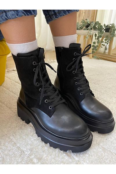 Sister in Love Madelyn Black Leather Suede Detailed Thick Sole Lace Up Women's Boots