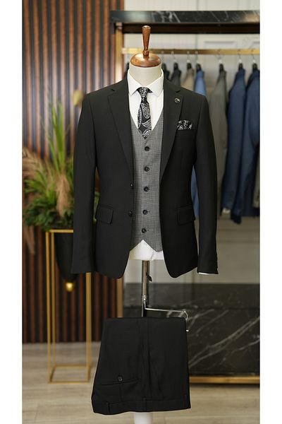 LONATOLİA Men's Combination Suit Swallow Collar Italian Cut Slim Fit Jacket Vest Pants