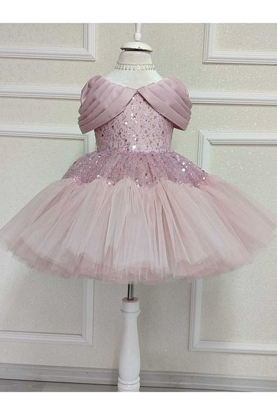NGS STİL Powder Bead Pearl Tulle Covering Low Collar Dress