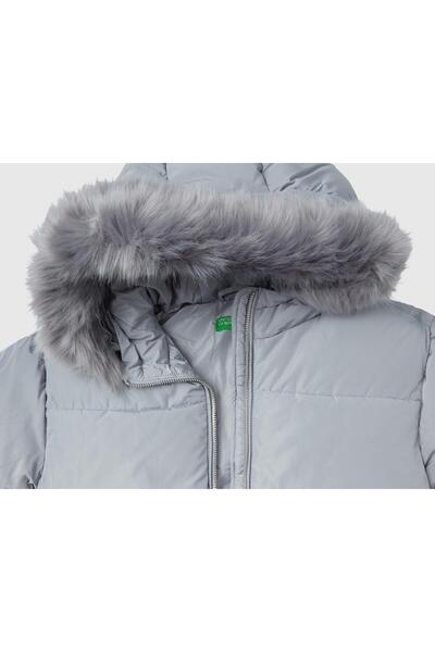 Benetton United Colors of Benetton Kız Çocuk Gri Kürklü Mont BNT-G