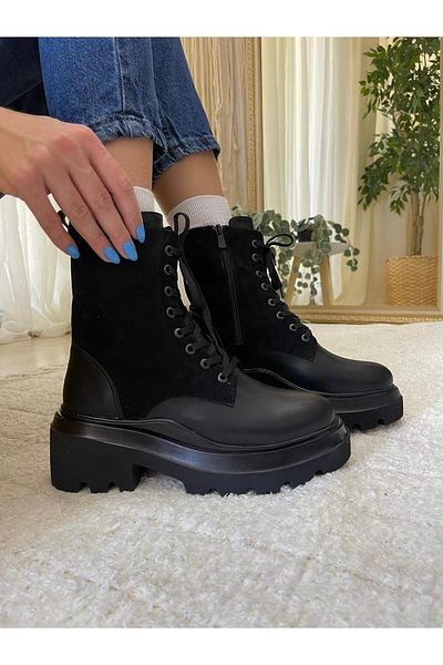 Sister in Love Madelyn Black Leather Suede Detailed Thick Sole Lace Up Women's Boots