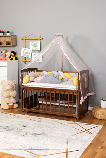 Bamgidoo Ahşap Beşik Anne Yanı Beşik Ceviz 60x120 - Pembe Sarı Örgü Uyku Seti...