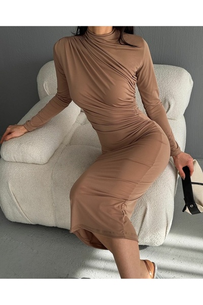 Leo Ferre Αμμώδες μακρύ φόρεμα - ζιβάγκο, πλισέ, μακρυμάνικο