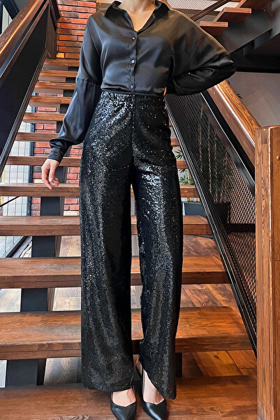julude Black Sequined Design Wide Leg Trousers