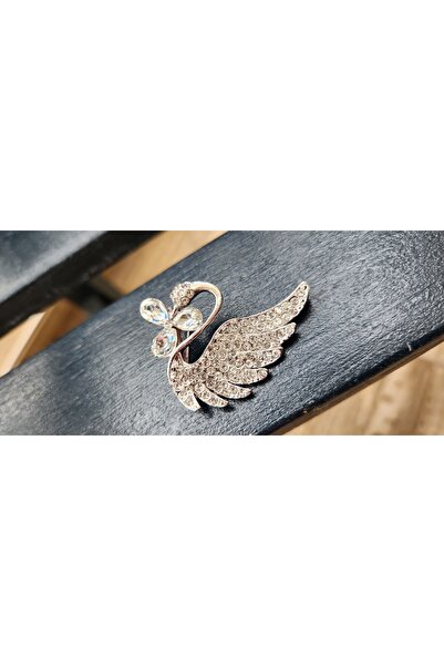 Genel Markalar Gümüş Renk Kuğu Model Zirkon Taşlı Çok Şık Broş Yaka İğnesi