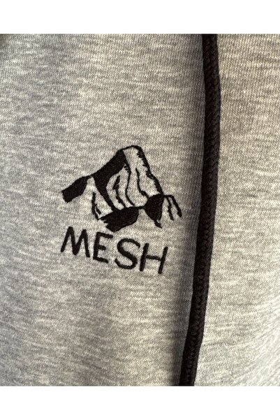 Mesh Men's Embroidered Zippered Gray Tracksuit Set, Cotton Thick Fleece Winter Bottom-Top Sweatshirt