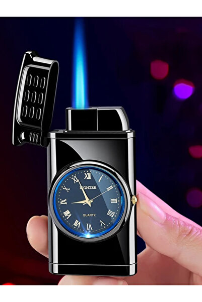 AVİPOLES Saatli çakmak turbo alev gazlı ışıklı çakmak şık tasarım özel kutusunda