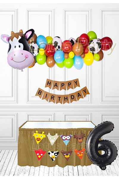 LOTUS PARTY Σετ πάρτι με μπαλόνι με θέμα 6 ετών Farm Animals Cow Foil Balloon Κόκκινο Πράσινο Κίτρινο Μπλε Μπαλόνι καφέ