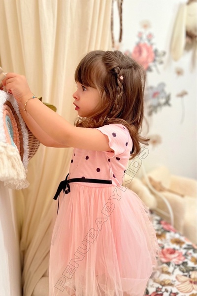 penu baby kids Pembe Puantiye Detaylı Kısa Kol Kız Bebek Elbise