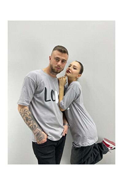 Adrift Unisex T-shirt Γκρι Με Εκτύπωση Αγάπης Σετ Ζευγαριού 2 Τεμαχίων