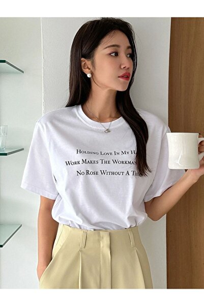 Adrift Tricou oversize cu decolteu rotund cu imprimeu scris alb pentru femei