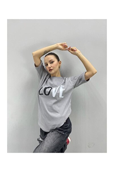 Adrift Unisex T-shirt Γκρι Με Εκτύπωση Αγάπης Σετ Ζευγαριού 2 Τεμαχίων