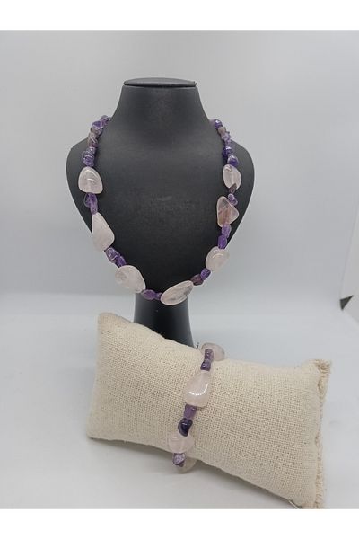 BalıkHediyelik NATURAL STAR NECKLACE/BRACELET SET - PINK QUARTZ AND AMETHYSTONE SET MDl-1005