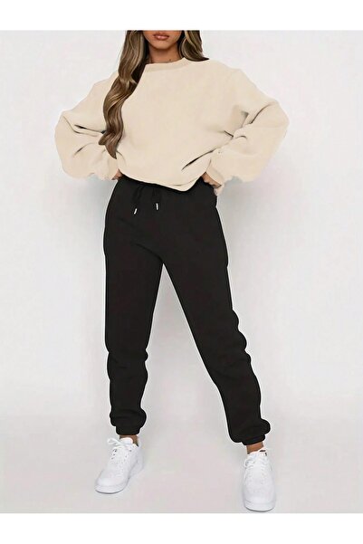 OVER HEAD Set de hanorac oversize cu 2 fire de culoare bej uni pentru damă