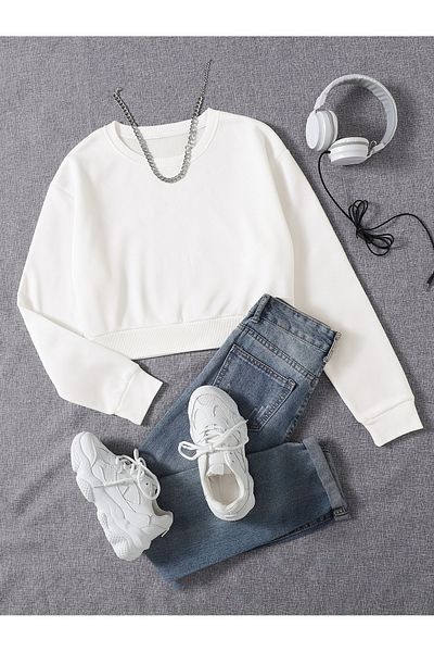 Ginevra Women's Basic Crop Oversize Sweatshirt with Fleece Inside
