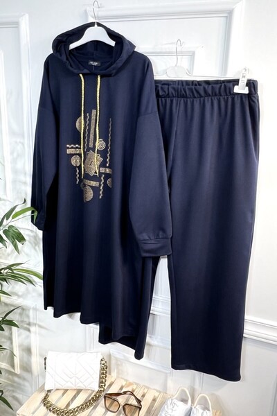 Aşkı Endam Златен памучен костюм с качулка и камъни - тъмносин