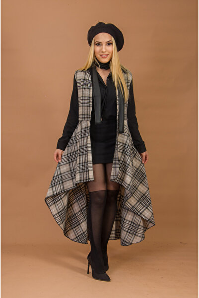 Aişe tesettür Women's Beige Plaid Long Vest