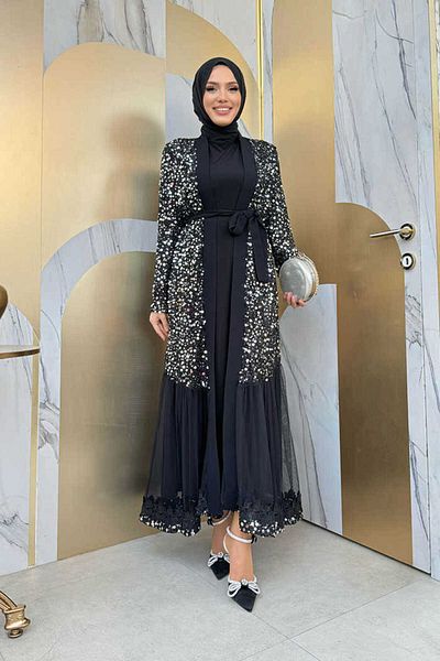 Bym Fashion Μεγάλο Μέγεθος Κέντημα Τούλι Λεπτομέρεια παγιέτα με παγιέτα Abaya 7376-1 Ασημί