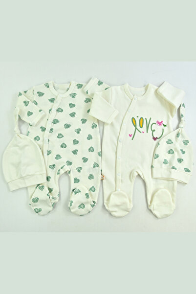 Minisse Kalp Baskılı Şapkalı 2li Bebek Tulum
