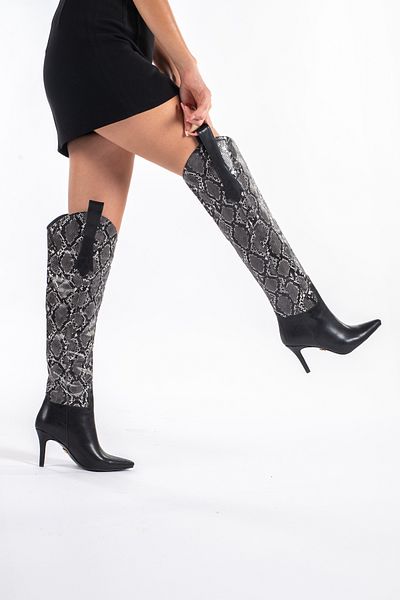 AYAKKABI PRENSİ Alicante Black White Crocodile 8 cm Γυναικείες Μπότες, Μπότες με τακούνι