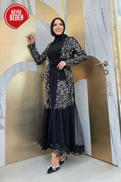 Bym Fashion Μεγάλο Μέγεθος Κέντημα Τούλι Λεπτομέρεια παγιέτα με παγιέτα Abaya 7376-1 Ασημί