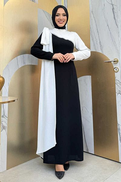 Bym Fashion Φόρεμα One Shoulder Bow Epaulettes Διπλό Χρώμα 3862 Μαύρο