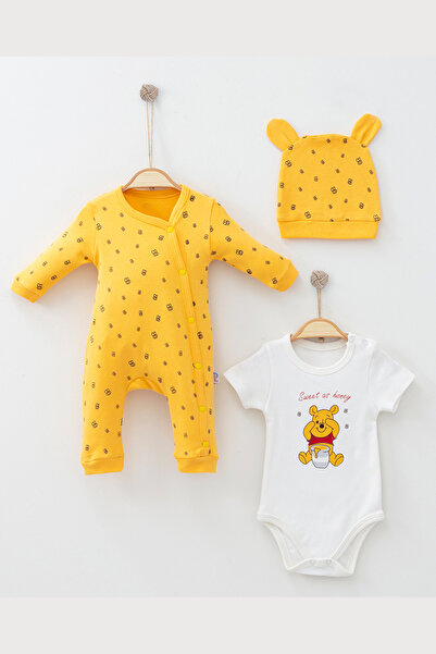 COŞAY BEBE Winnie Pooh Baskılı Şapkalı 3'lü Bodyli Bebek Tulum