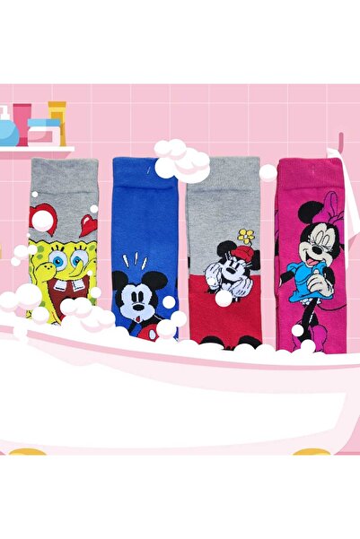 Fanilam 4 çift Çizgi Film Karakterli Pamuk Soket Unisex Çorap, Minnie, Sünger bob çorap