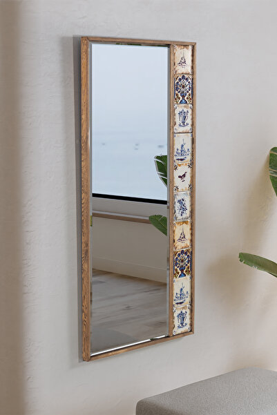 bluecape Selanik Çini Seramik 50x100 Cm Doğal Ağaç Çerçeveli Salon Ofis Mutfak Duvar Konsol Boy Aynası