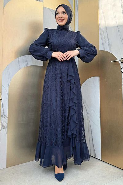 Bym Fashion Φόρεμα Lace Look Chiffon με λεπτομέρεια βολάν 3783 Navy Blue