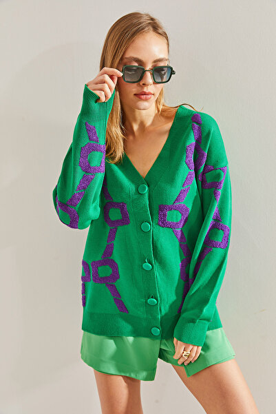 Bianco Lucci Women's Süzene Embroidered Oversize Knitwear Cardigan