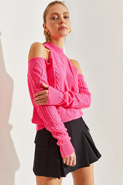 Bianco Lucci Pulover de damă cu umăr împletit tricotat decoltat