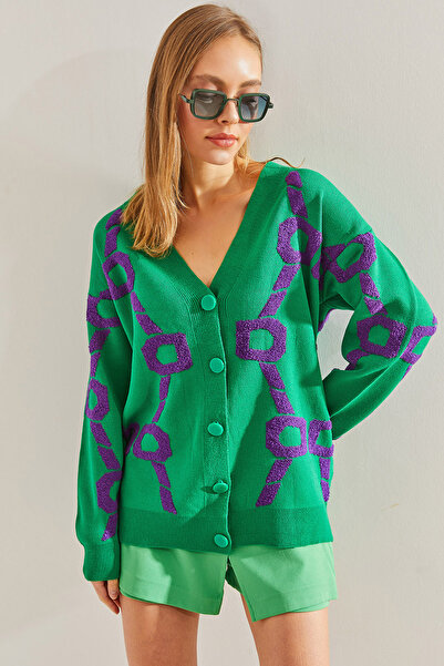 Bianco Lucci Women's Süzene Embroidered Oversize Knitwear Cardigan