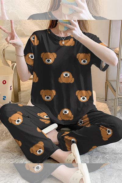 PEMBİŞ HOMEWEAR Short Sleeve Pajama Set Brown Bear Supersoft Basic Single Jersey