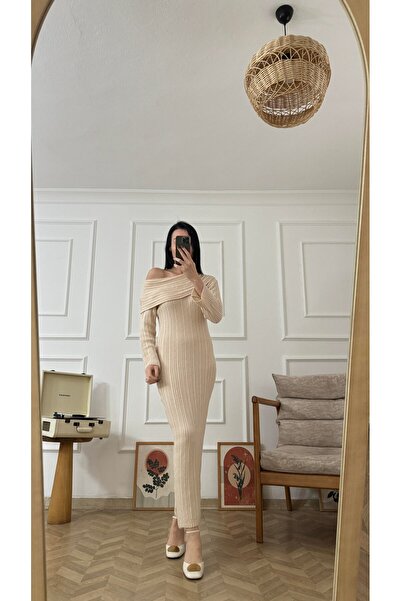 HARMONY GLOBAL Γυναικείο μακρύ πλεκτό φόρεμα με γιακά Madonna Off-the-Shoulder