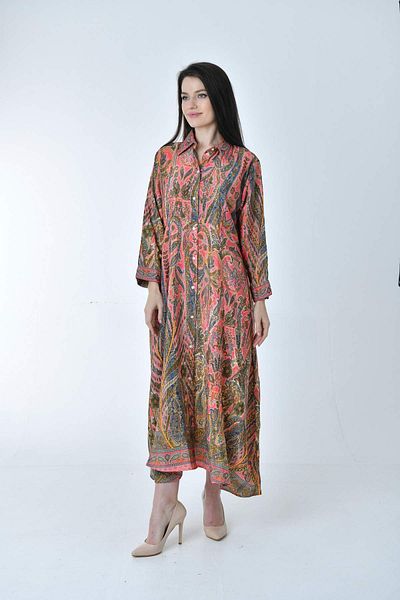 Gezgin tekstil ve aksesuar Long Ethnic Patterned Comfortable Cut Silk Dress (LONG ETHNIC PATTERNED COMFORTABLE CUT SILK DRESS)