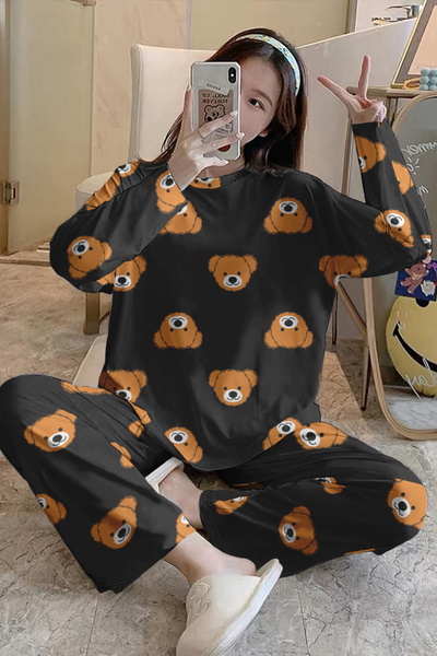 PEMBİŞ HOMEWEAR Uzun Kollu Pijama Takımı Brown Bear Supersoft Basic Süprem