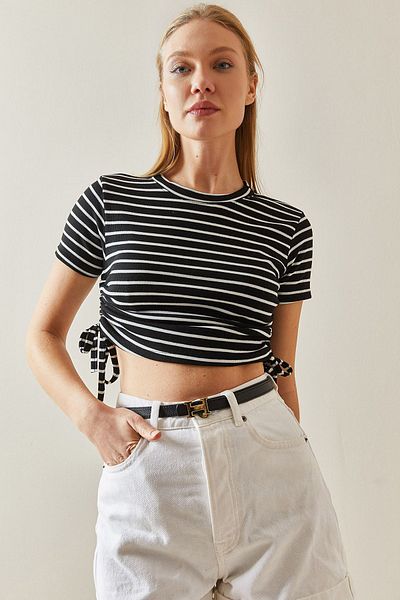 XHAN Black Crew Neck Striped & Gathered Camisole T-Shirt 4KXK1-47902-02