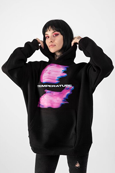 Bak Moda Unisex Oversize kroj crna jakna sa kapuljačom - Temperatura Štampano