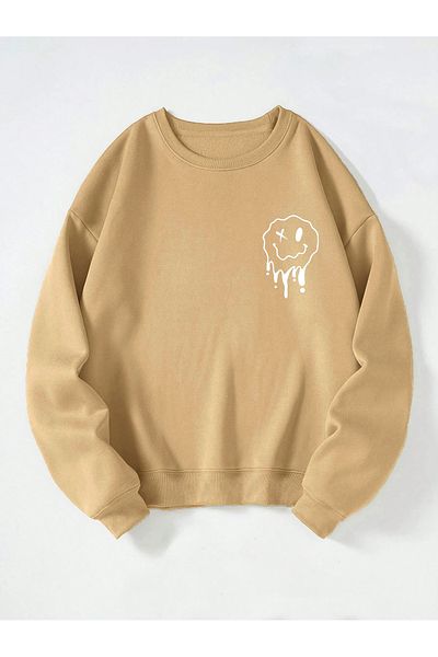 Ginevra Φούτερ Unisex Crew Neck Smile με στάμπα Oversize Loose Cut Fleece φούτερ
