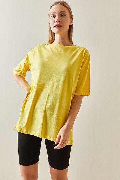 XHAN Yellow Crew Neck Basic Oversize T-Shirt 4KXK1-47895-10