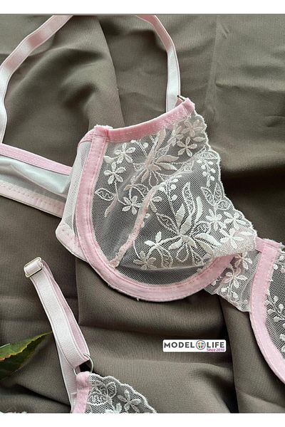 MODELLİFE ROZ Floral Brode Sârmă BRA Sutien Lenjerie Intima Set Tanga PUDRĂ