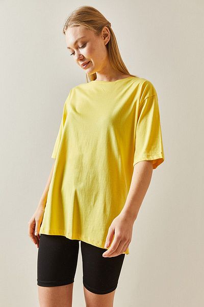 XHAN Yellow Crew Neck Basic Oversize T-Shirt 4KXK1-47895-10