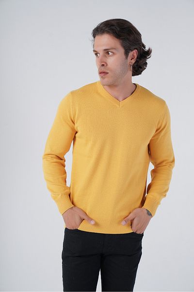 Trist Star Men's Yellow 100% Cotton V-Neck Knitwear Sweater Trıst-1102