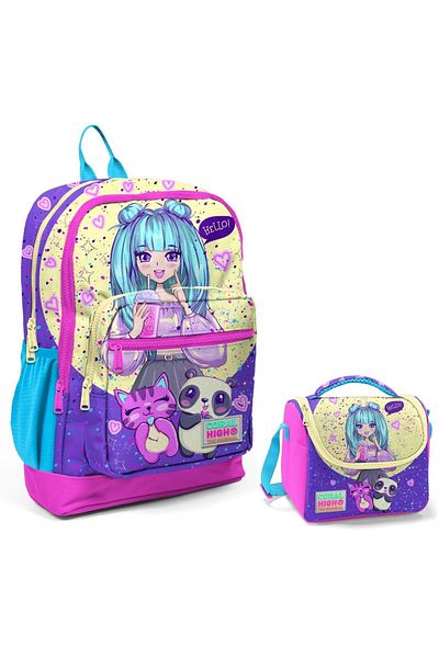 Coral High Purple Pink Anime School Backpack and Lunchbox Set