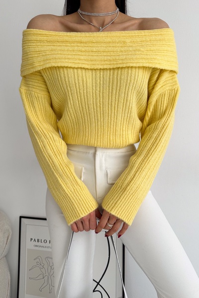 FEMELLE Women's Yellow Green Degaje Collar Ribbed Sweater