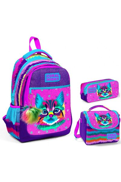 Coral High Girl's Purple Pink Cat Triple Primary School Bag Set