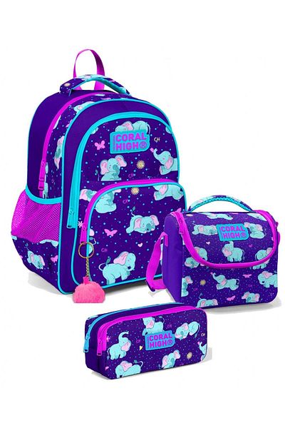 Coral High Set rucsac pentru școală primară cu trei ochi, mov, drăguț, elefant, fetiță