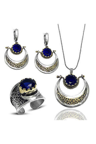 Doğan Silver 925 Ayar Gümüş Testi Tasarım Safir Taşlı El İşi Otantik Üçlü Set...